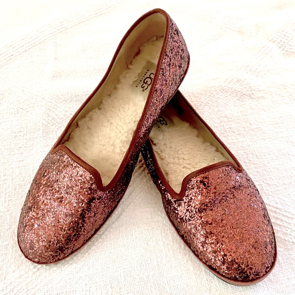 UGG Pink Glitter Flat Loafer with Lambs Wool Size US W9.5 UK8 EU40.5